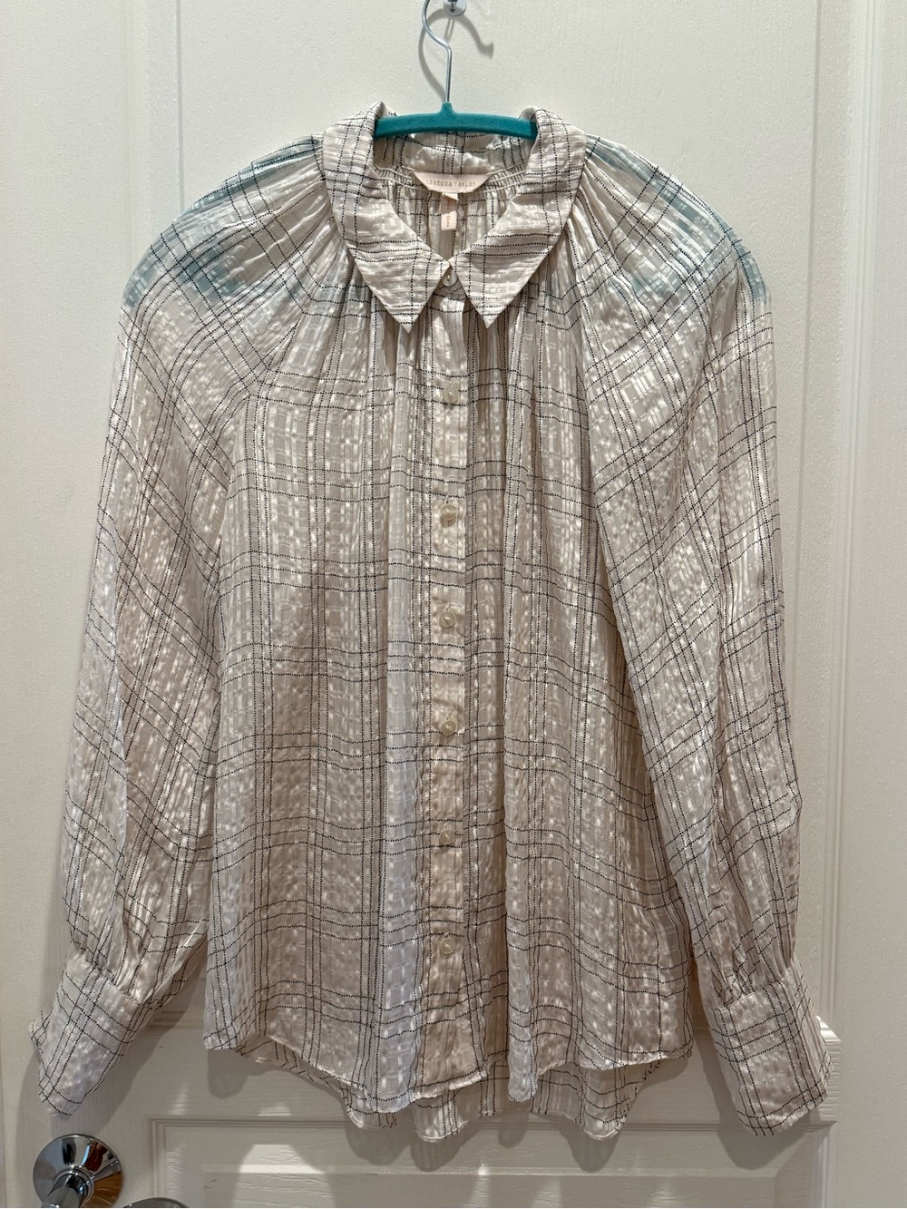 Rebecca Taylor 100% Silk Cream Plaid Button-Front Blouse